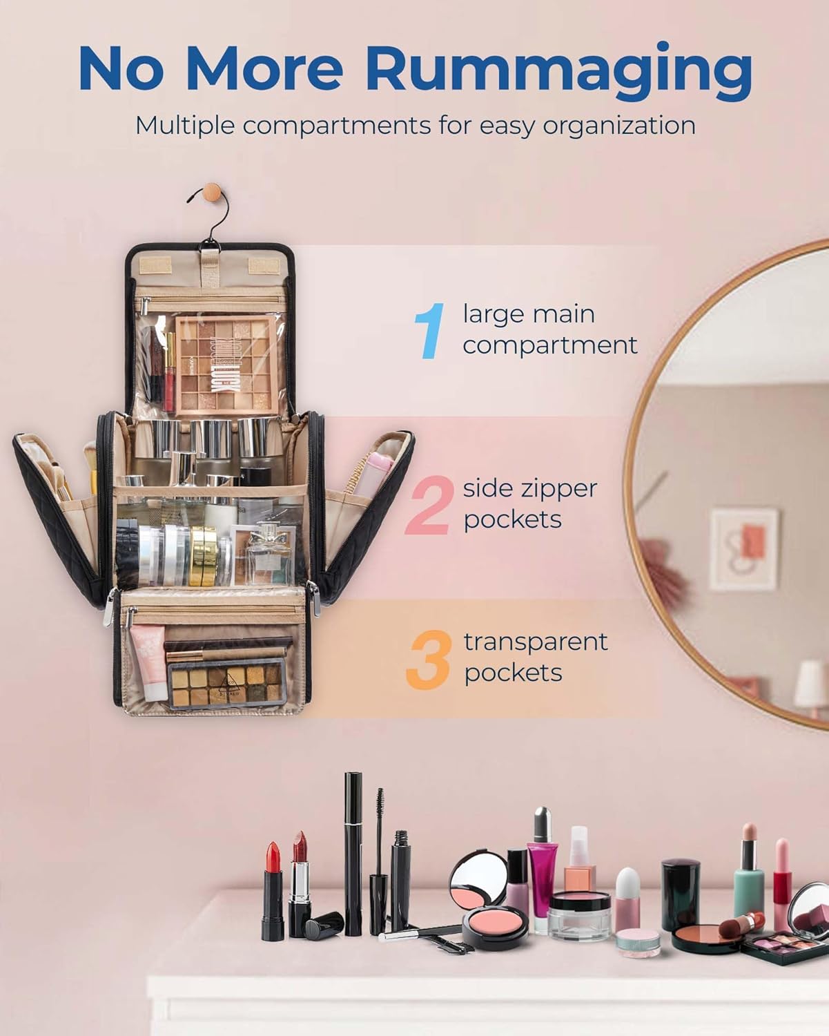BAGSMART Makeup Bag for Women with Hanging Hook - Portable Cosmetic Case, Large Capacity Door Room Essentials Travel Organizer for Full Sized Cosmetics and Toiletries, Black - Image 2