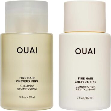 OUAI Fine Hair Shampoo & Conditioner Set - Travel Size (3 Oz) | Volumizing Shampoo & Conditioner - With Strengthening Keratin, Biotin & Chia Seed Oil - Sulfate, Paraben & Phthalate Free
