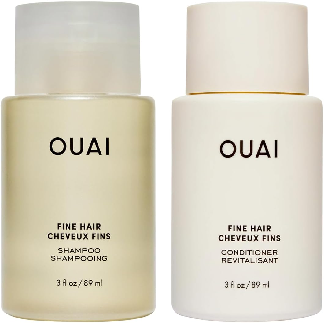 OUAI Fine Hair Shampoo & Conditioner Set - Travel Size (3 Oz) | Volumizing Shampoo & Conditioner - With Strengthening Keratin, Biotin & Chia Seed Oil - Sulfate, Paraben & Phthalate Free