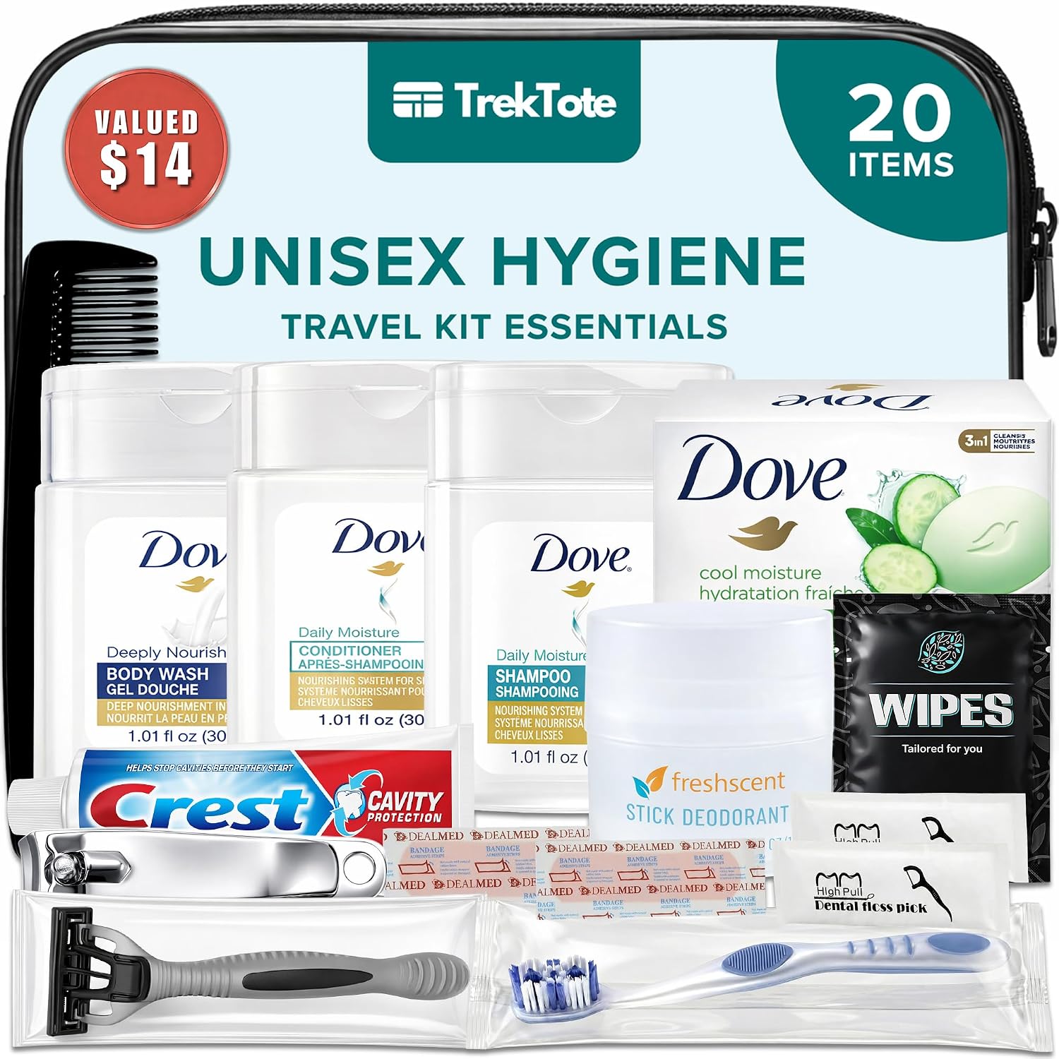 20-Piece Unisex Travel Toiletry Kit – Premium Brand-Name Travel Toiletries