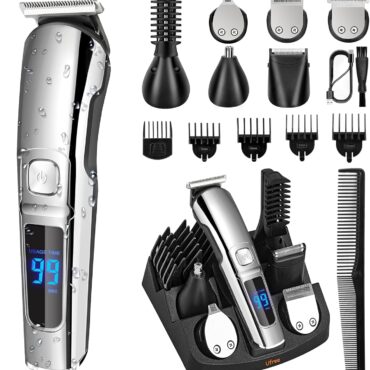 Ufree Beard Trimmer for Men, Waterproof Electric Razor, Grooming Kit | Stainless steel blades, six interchangeable heads, wet and dry use, USB rechargeable, for face body nose ear trimming, silver