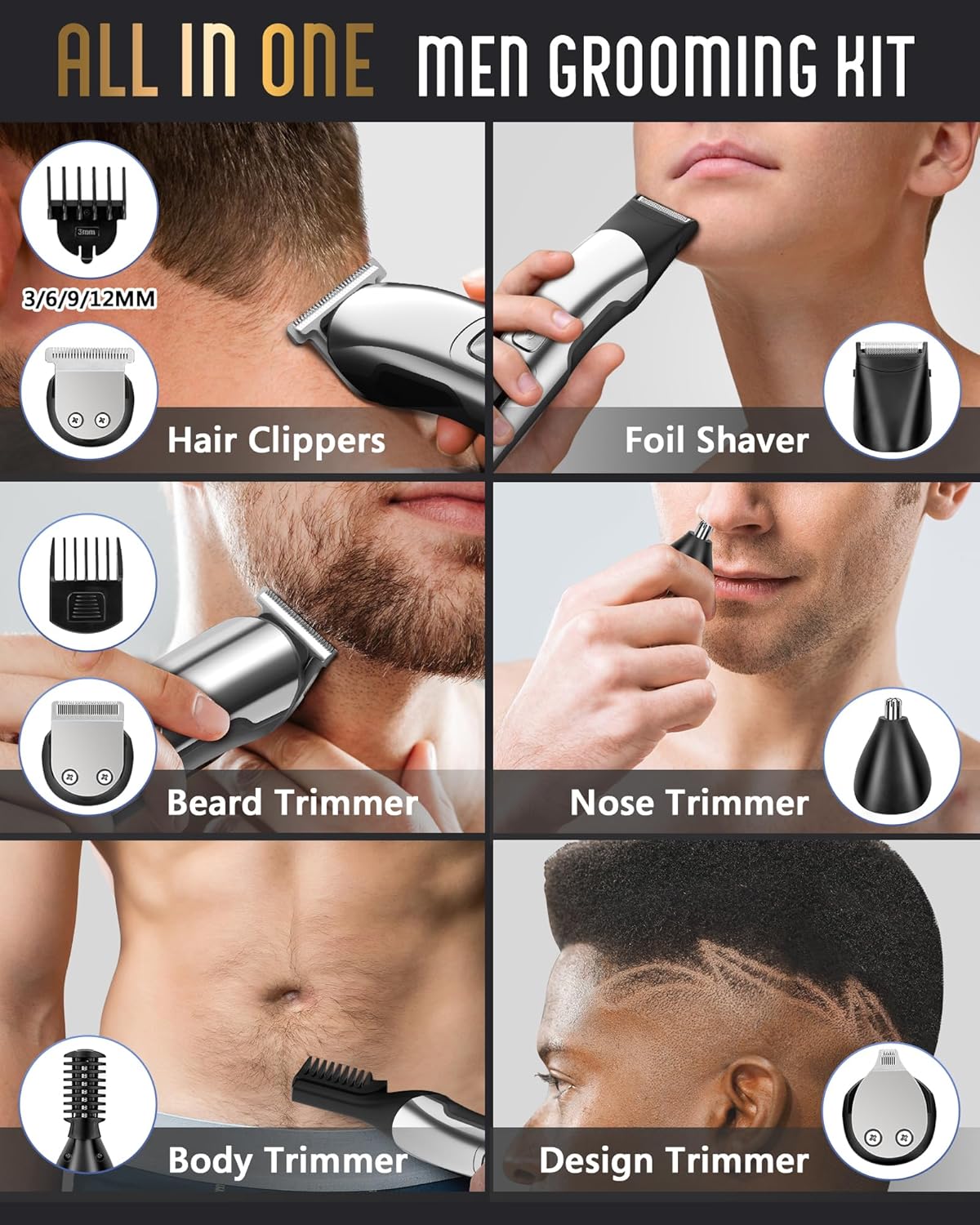 Ufree Beard Trimmer for Men, Waterproof Electric Razor, Grooming Kit | Stainless steel blades, six interchangeable heads, wet and dry use, USB rechargeable, for face body nose ear trimming, silver - Image 2