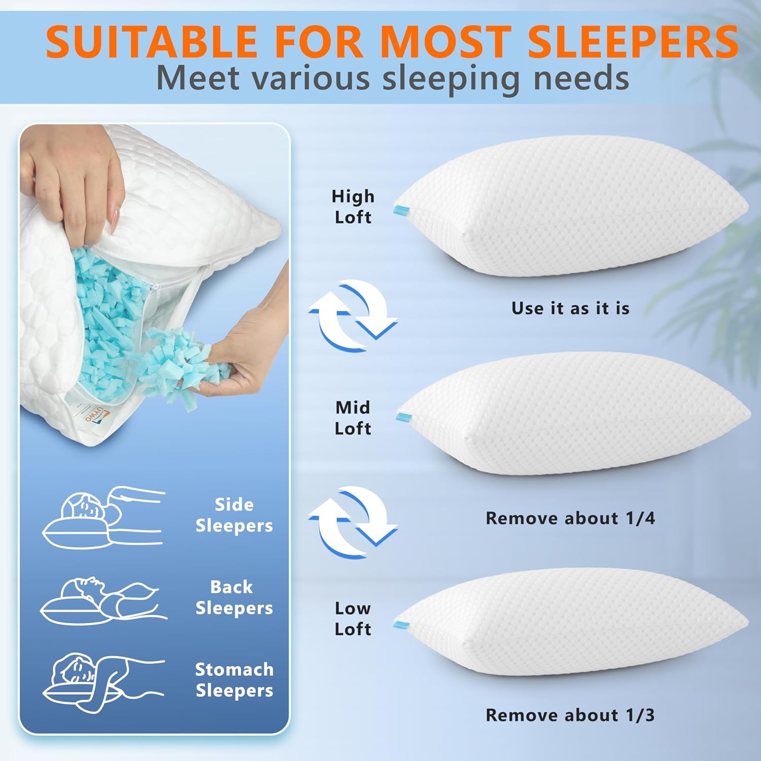 UYWO Cooling Pillows Queen Size Set of 2, Adjustable Memory Foam Pillows | Firm/Soft Cooling Bed Pillows for Side/Back/Stomach Sleepers, Ergonomic Neck Support Pillow - Image 6