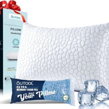 QUTOOL Cooling Pillow for Sleeping, CertiPUR-US Shredded Memory Foam Standard Pillow Set of 1, Cool Pillow for Hot Sleepers Adjustable Firm Pillow for Side,Back,Stomach Sleepers Soft Yet Support,White