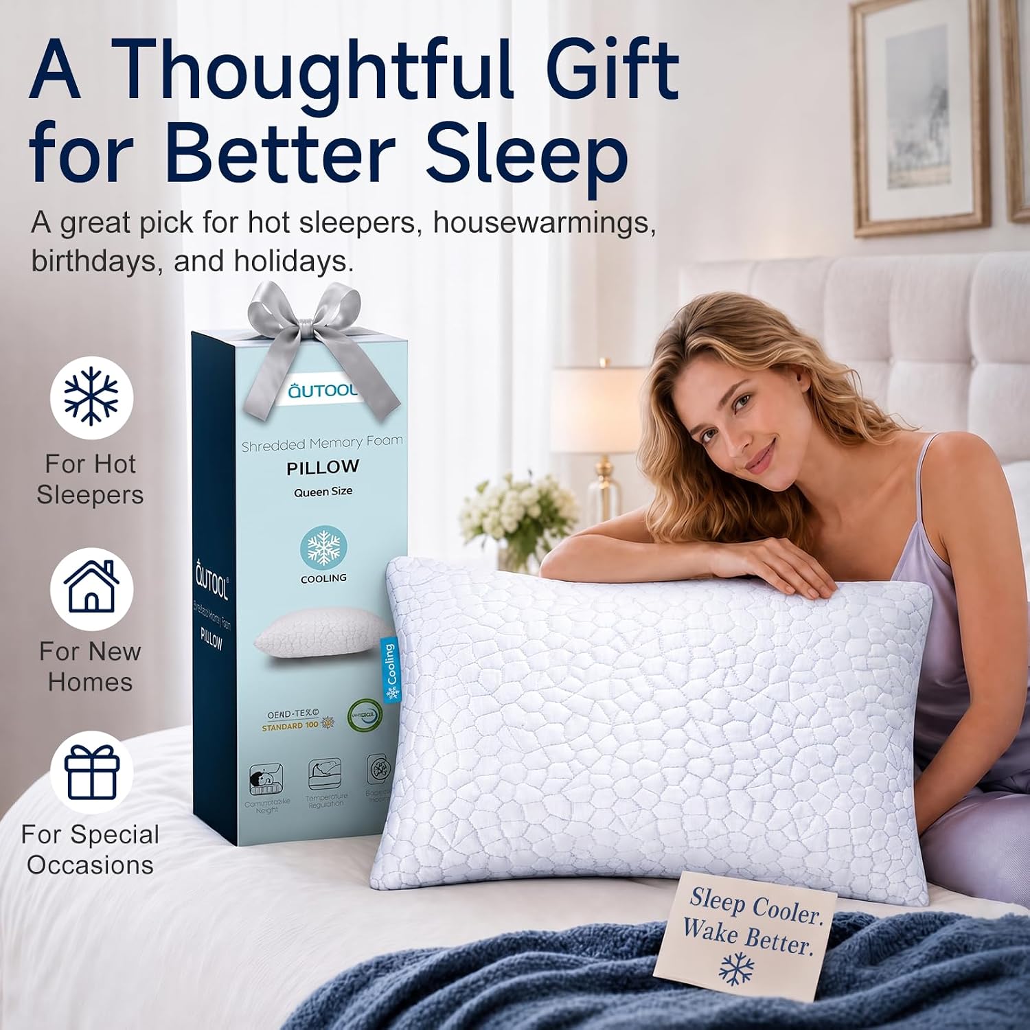 QUTOOL Cooling Pillow for Sleeping, CertiPUR-US Shredded Memory Foam Standard Pillow Set of 1, Cool Pillow for Hot Sleepers Adjustable Firm Pillow for Side,Back,Stomach Sleepers Soft Yet Support,White - Image 7